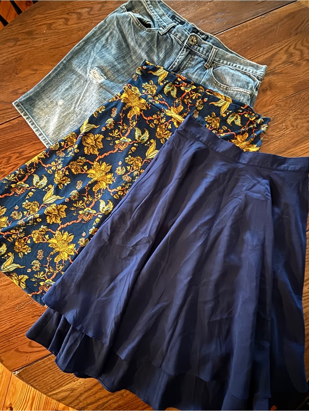 Amelia James Navy Skirt, Lularoe Floral Skirt, and Ana Boyfriend Shorts